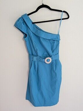 French Connection Blue One Shoulder Belted Dress with Pockets Size 0